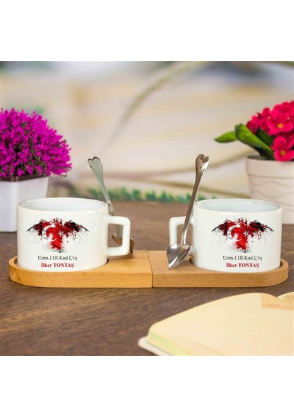 Ahşap Tepsili Seramik Kahve ve Çay Fincan Seti - Asker Bayrak modelleri