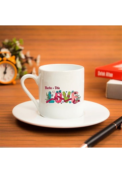 Kişiye Özel Türk Kahvesi Fincanı Seti - Çiçekli Love Temalı