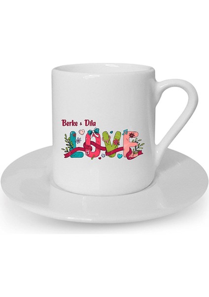 Kişiye Özel Türk Kahvesi Fincanı Seti - Çiçekli Love Temalı fiyatları