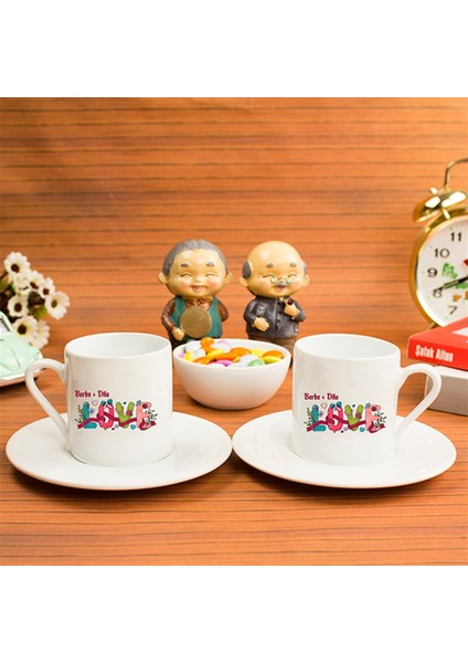 Kişiye Özel Türk Kahvesi Fincanı Seti - Çiçekli Love Temalı modelleri