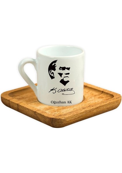 Kişiye Özel Ahşap Tepsili Seramik Fincan Seti - Atatürk Silüeti modelleri