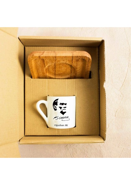 Kişiye Özel Ahşap Tepsili Seramik Fincan Seti - Atatürk Silüeti fiyatları