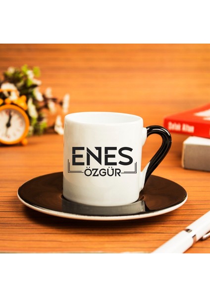 Kişiye Özel Türk Kahvesi Fincanı Seti Siyah Renk Detaylı - Çizgi Çerveçe Tasarımlı