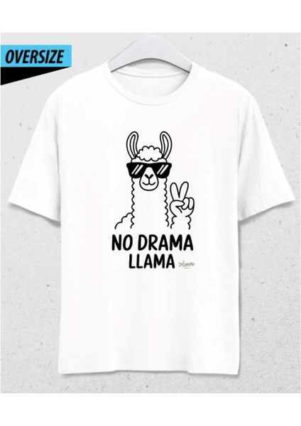 No Drama Llama Oversize T-Shirt – Cool Lama Kulübü Beyaz %100 Pamuk modelleri