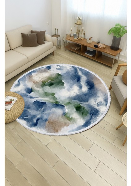 Mavi Yeşil Soyut Desenli Yuvarlak Halı – Su Renk Etkili Modern Tasarım | 60X60 – 180X180 cm