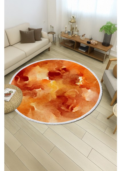 Turuncu Suluboya Desenli Yuvarlak Halı – Canlı & Sıcak Tonlar | 60X60 – 180X180 cm