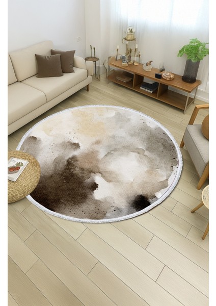 Kahverengi Suluboya Desenli Yuvarlak Halı – Boho & Doğal Tonlar | 60X60 – 180X180 cm