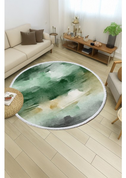 Yeşil Tonlarda Suluboya Desenli Yuvarlak Halı – Doğal Görünüm | 60X60 – 180X180 cm