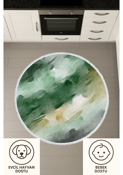 Yeşil Tonlarda Suluboya Desenli Yuvarlak Halı – Doğal Görünüm | 60X60 – 180X180 cm fiyatları