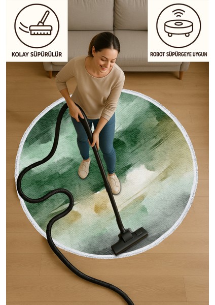 Yeşil Tonlarda Suluboya Desenli Yuvarlak Halı – Doğal Görünüm | 60X60 – 180X180 cm modelleri