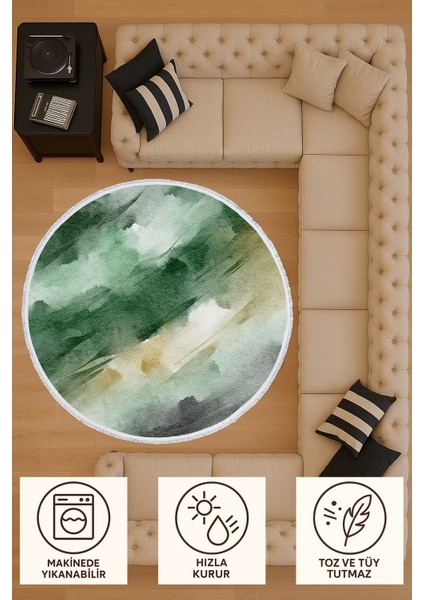 Yeşil Tonlarda Suluboya Desenli Yuvarlak Halı – Doğal Görünüm | 60X60 – 180X180 cm indirimleri