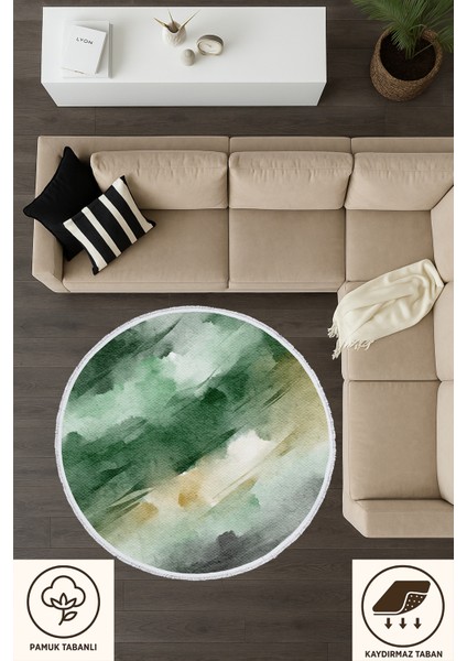 Yeşil Tonlarda Suluboya Desenli Yuvarlak Halı – Doğal Görünüm | 60X60 – 180X180 cm