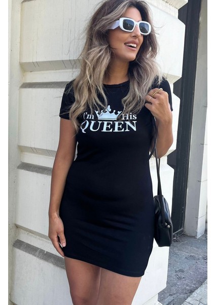 Kadın Kısa Kollu Queen Baskı Iki Iplik Mini Elbise