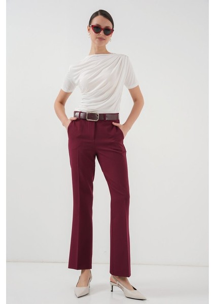 6538 Kemerli Ispanyol Paça Pantolon - Bordo