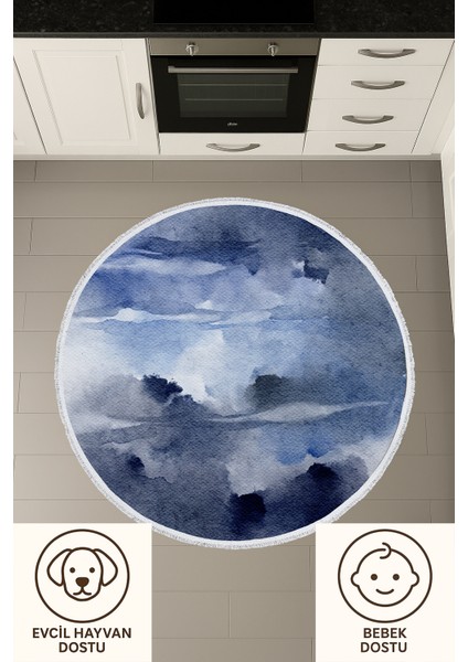 Mavi Suluboya Desenli Yuvarlak Halı – Modern & Sanatsal Tasarım | 60X60 – 180X180 cm fiyatları