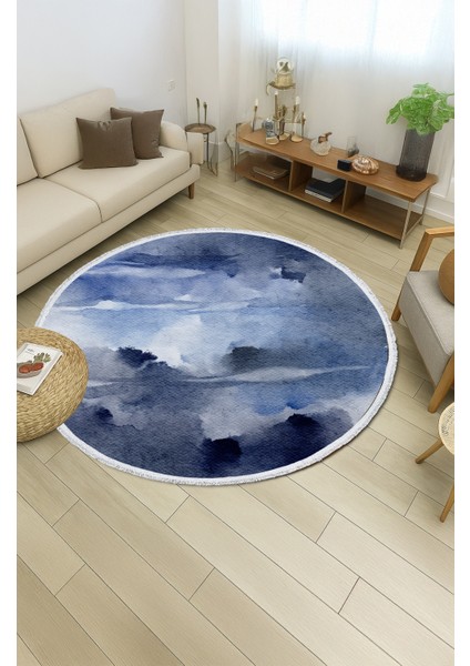 Mavi Suluboya Desenli Yuvarlak Halı – Modern & Sanatsal Tasarım | 60X60 – 180X180 cm