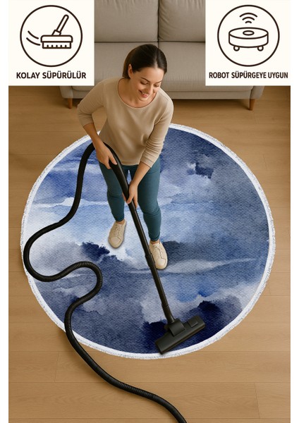 Mavi Suluboya Desenli Yuvarlak Halı – Modern & Sanatsal Tasarım | 60X60 – 180X180 cm modelleri