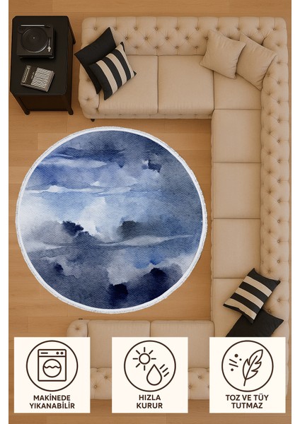 Mavi Suluboya Desenli Yuvarlak Halı – Modern & Sanatsal Tasarım | 60X60 – 180X180 cm fırsatları