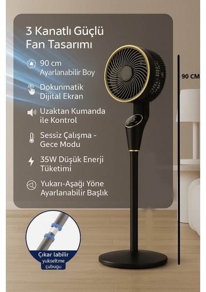 Akıllı Vantilatör 90CM - Dijital Ekranlı | Sessiz & Uzaktan Kumandalı | 3 Kademeli Fan