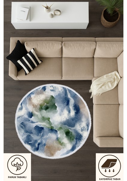 Mavi Yeşil Soyut Desenli Yuvarlak Halı – Su Renk Etkili Modern Tasarım | 60X60 – 180X180 cm modelleri
