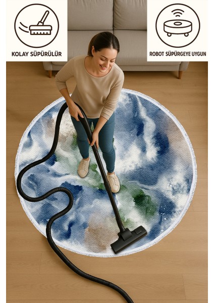 Mavi Yeşil Soyut Desenli Yuvarlak Halı – Su Renk Etkili Modern Tasarım | 60X60 – 180X180 cm indirimleri