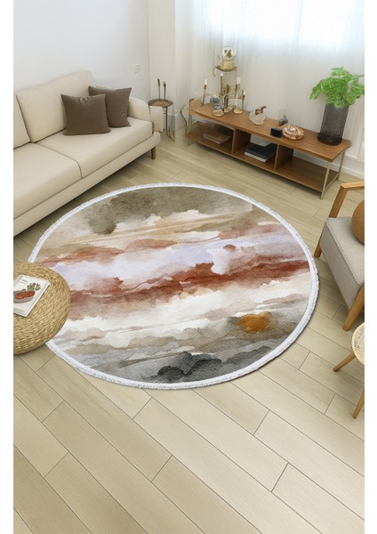 Toprak Tonlarında Suluboya Desenli Yuvarlak Halı – Sıcak ve Doğal Stil | 60X60 – 180X180 cm