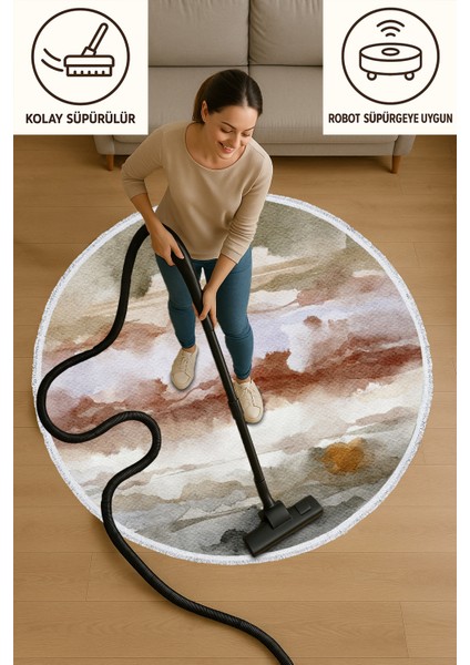Toprak Tonlarında Suluboya Desenli Yuvarlak Halı – Sıcak ve Doğal Stil | 60X60 – 180X180 cm modelleri