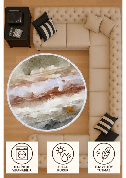 Toprak Tonlarında Suluboya Desenli Yuvarlak Halı – Sıcak ve Doğal Stil | 60X60 – 180X180 cm