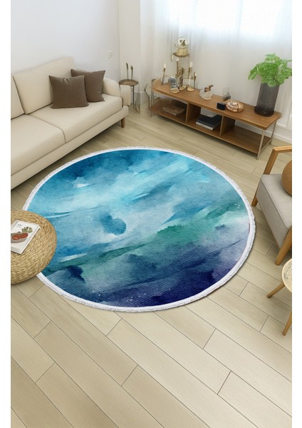 Yuvarlak Halı – Mavi Yeşil Suluboya Desenli | Su Tonlarında Modern Tasarım | 60X60 – 180X180 cm