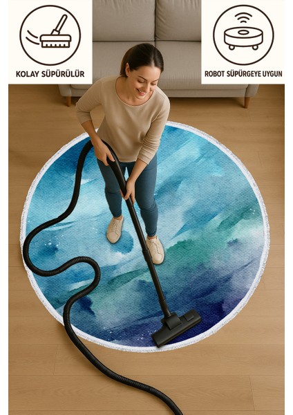 Yuvarlak Halı – Mavi Yeşil Suluboya Desenli | Su Tonlarında Modern Tasarım | 60X60 – 180X180 cm modelleri