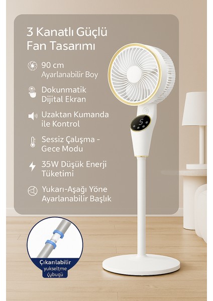 Akıllı Vantilatör 90CM - Dijital Ekranlı | Sessiz & Uzaktan Kumandalı | 3 Kademeli Fan