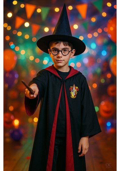 Harry Potter Gryffindor Kapişonlu Cübbe Çocuk Boy Şapka Asa Gözlük 4 Parça Set - 9-10 Yaş