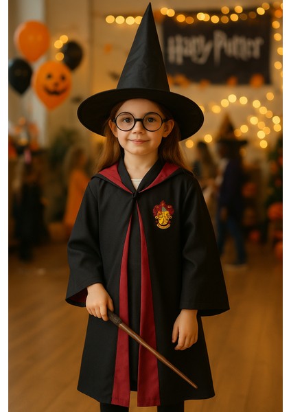 Harry Potter Gryffindor Kapişonlu Cübbe Çocuk Boy Şapka Asa Gözlük 4 Parça Set - 9-10 Yaş