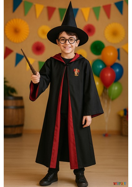 Harry Potter Gryffindor Kapişonlu Cübbe Çocuk Boy Şapka Asa Gözlük 4 Parça Set - 9-10 Yaş