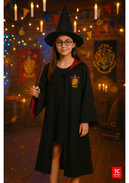 Harry Potter Gryffindor Kapişonlu Cübbe Çocuk Boy Şapka Asa Gözlük 4 Parça Set - 9-10 Yaş