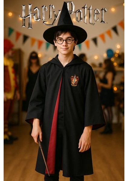 Harry Potter Gryffindor Kapişonlu Cübbe Çocuk Boy Şapka Asa Gözlük 4 Parça Set - 9-10 Yaş