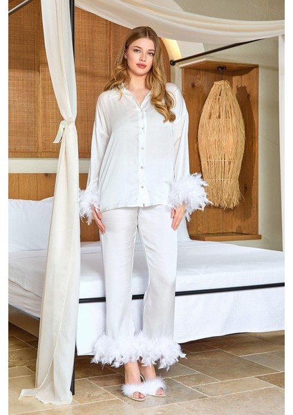 Kadın Krem Otrişli Saten Pijama Takım A25583