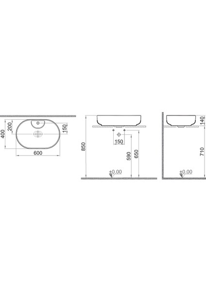 Zero 2.0 60X40 cm Ada Armatür Bantlı Mat Siyah Oval Çanak Lavabo