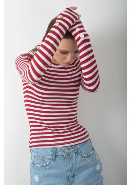 Siyah Beyaz Çizgili Uzun Kol Body Düğme Detaylı Soft Touch Basic Bluz Likralı Tişört