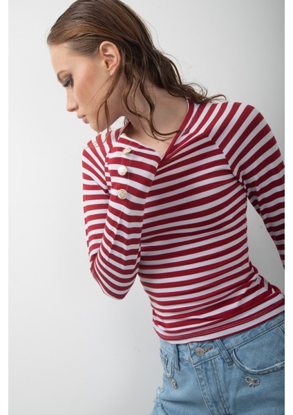 Siyah Beyaz Çizgili Uzun Kol Body Düğme Detaylı Soft Touch Basic Bluz Likralı Tişört indirimleri