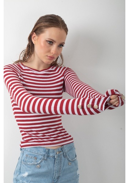 Siyah Beyaz Çizgili Uzun Kol Body Düğme Detaylı Soft Touch Basic Bluz Likralı Tişört