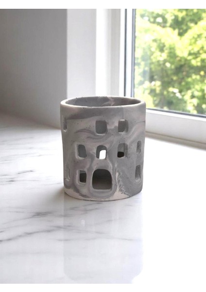 Mermer Desenli El Yapımı Beton Tealight Mumluk & Kalemlik Tealightlık Taş Tozu