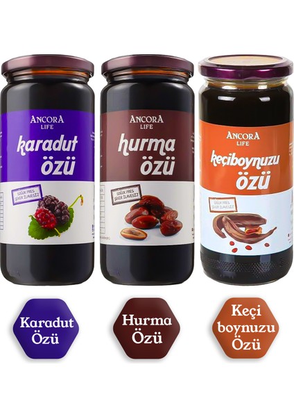 3'lü Fırsat Paketi - Hurma Özü, Keçiboynuzu Özü, Karadut Özü - Şeker İlavesiz Soğuk Sıkım