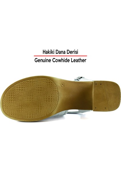 Amanda Beyaz Hakiki Dana Derisi Kesik Detaylı Ayarlanabilir Tokalı Kalın Topuklu Günlük Sandalet