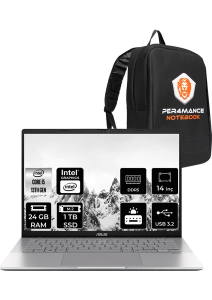 Vivobook S14 Intel Core I5 13420H 24GB 1tb SSD 14" Fhd+ Fdos Taşınabilir Bilgisayar & Per4 Çanta S3407VALY045P313