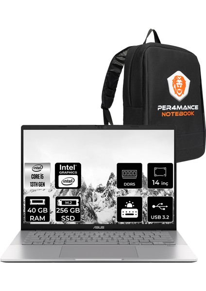 Vivobook S14 Intel Core I5 13420H 40GB 256GB SSD 14" Fhd+ Fdos Taşınabilir Bilgisayar & Per4 Çanta S3407VALY045P316