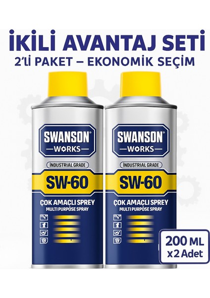 Swanson Sw-60 200 ml ×2'li Set – Metal Yüzey Yağlayıcı & Pas Temizleyici Endüstriyel Koruma Spreyi