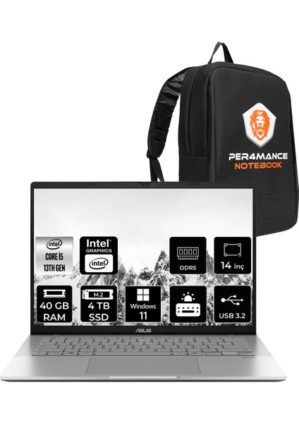 Vivobook S14 Intel Core I5 13420H 40GB 4tb SSD 14" Fhd+ W11H Taşınabilir Bilgisayar & Per4 Çanta S3407VALY045P340