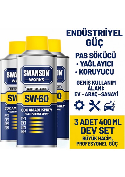 Swanson Sw-60 400 ml ×3'lü Çok Amaçlı Sprey Seti – Elektronik Temizlik, Korozyon Önleyici, Yağ Sökücü