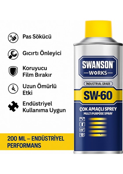 Swanson Sw-60 200 ml Çok Amaçlı Endüstriyel Sprey – Pas Sökücü Yağlayıcı Koruyucu Temizlik Spreyi | 1'li Set